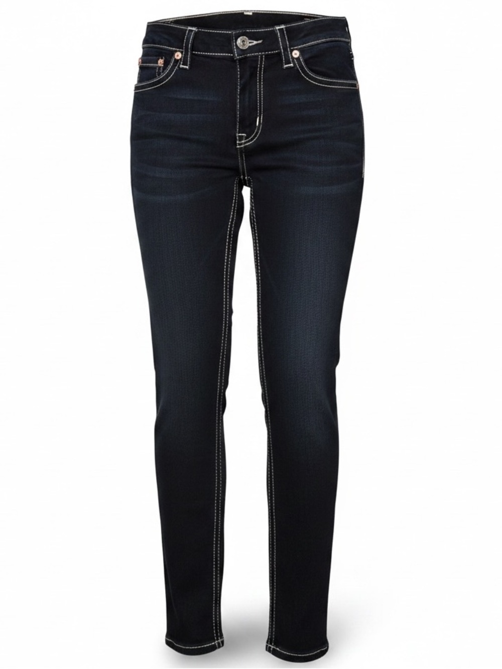 NWT True Religion Jennie Curvy Mid Rise Skinny Jean Contrast Stitch Dark Denim